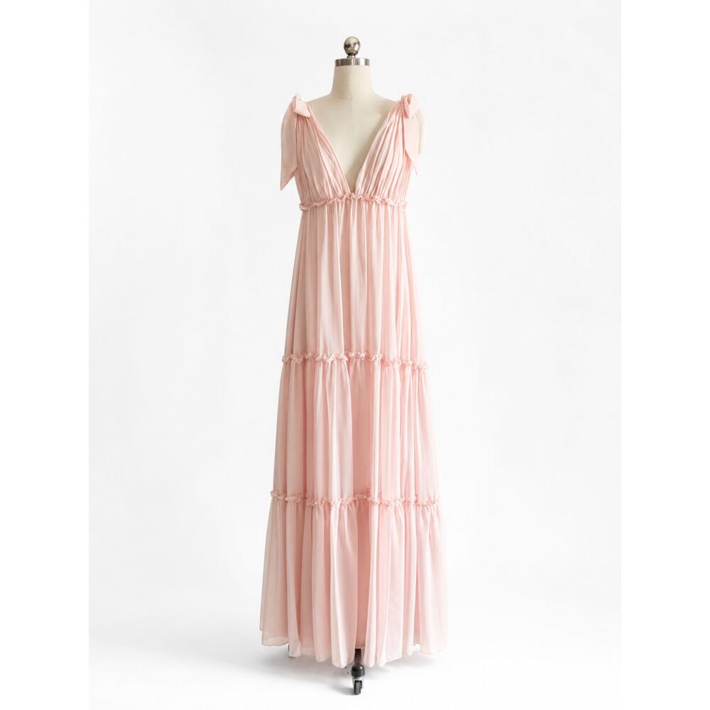 Ieena Mac Duggal Evening Gown Blush Pink V-Neck Plunging Maxi Dress Size 4 NWT